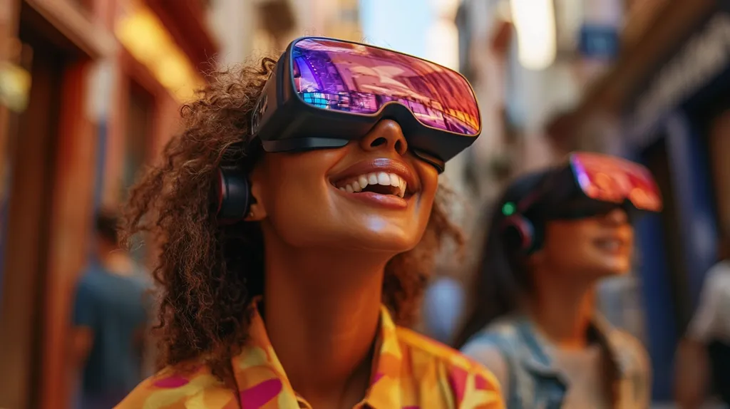 A young woman with curly brown hair beams with joy while wearing a virtual reality headset.  The headset's lenses reflect a vibrant, blurry cityscape.  Behind her, another person, also wearing a VR headset, is slightly out of focus.  The background suggests a bustling city street, creating a contrast between the immersive virtual experience and the real-world environment. The overall image evokes a sense of excitement and wonder associated with virtual reality technology.