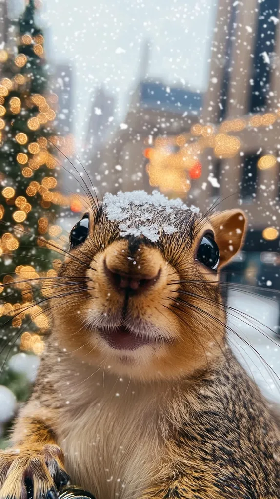 Here's a description of the image:

Close-up view of an adorable squirrel, its fur speckled with snowflakes.  It appears to be looking directly at the camera, with a curious and slightly surprised expression. The squirrel's fur is a mix of brown and gray.  The background is softly blurred, showing a snowy city scene with a Christmas tree adorned with warm, golden lights, creating a festive atmosphere.  Snow is gently falling, adding to the wintry charm. The overall mood is heartwarming and cheerful.