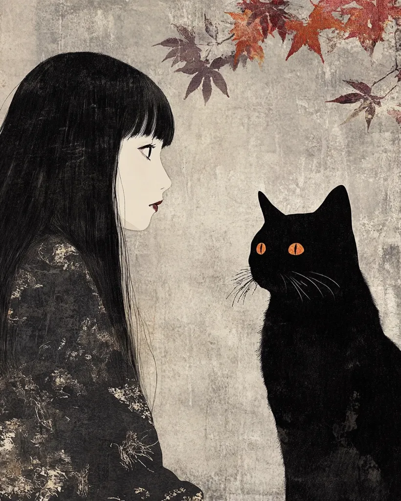 The artwork depicts a young woman with long, dark hair, dressed in a dark, patterned kimono, gazing at a black cat with bright orange eyes. The woman's profile is subtly rendered, her expression serene.  The cat sits attentively, its form sharply defined against a muted, textured background suggesting aged paper or stone.  Autumnal maple leaves are partially visible in the upper portion of the painting, adding a touch of seasonal ambiance. The overall aesthetic is minimalist and evocative, with a sense of quiet contemplation.