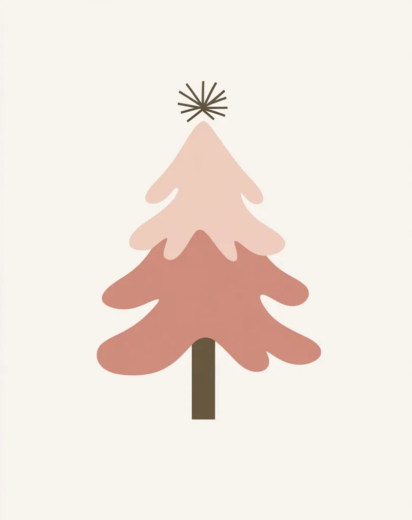 Here's a description of the image:

The image is a minimalist depiction of a Christmas tree.  The tree is stylized with soft, rounded shapes. The top section is a light pink, transitioning to a deeper, dusty rose color at the base.  A simple, dark brown trunk supports the tree. A small, dark star-like shape sits atop the tree as its ornament. The background is a plain, off-white color, drawing attention solely to the understated Christmas tree. The overall aesthetic is simple, elegant, and modern.