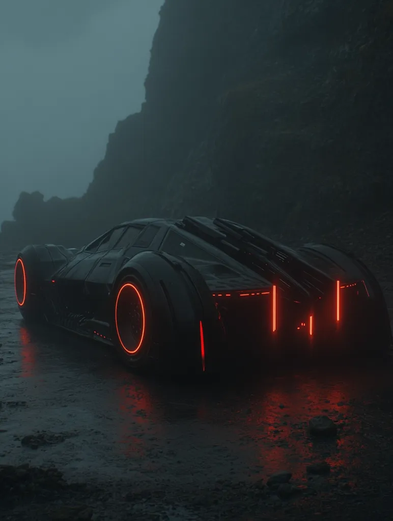 Here's a description of the image:

The image showcases a sleek, futuristic black car parked on a dark, wet surface near a dramatic, foggy cliffside. The car's design is low and wide, with glowing red neon accents along its rear.  The wheels feature bright orange rims, adding to its otherworldly appearance. The overall mood is dark, mysterious, and atmospheric, with the car's futuristic design contrasting sharply with the rugged, natural landscape.  The scene is dimly lit, emphasizing the car's glowing elements.
