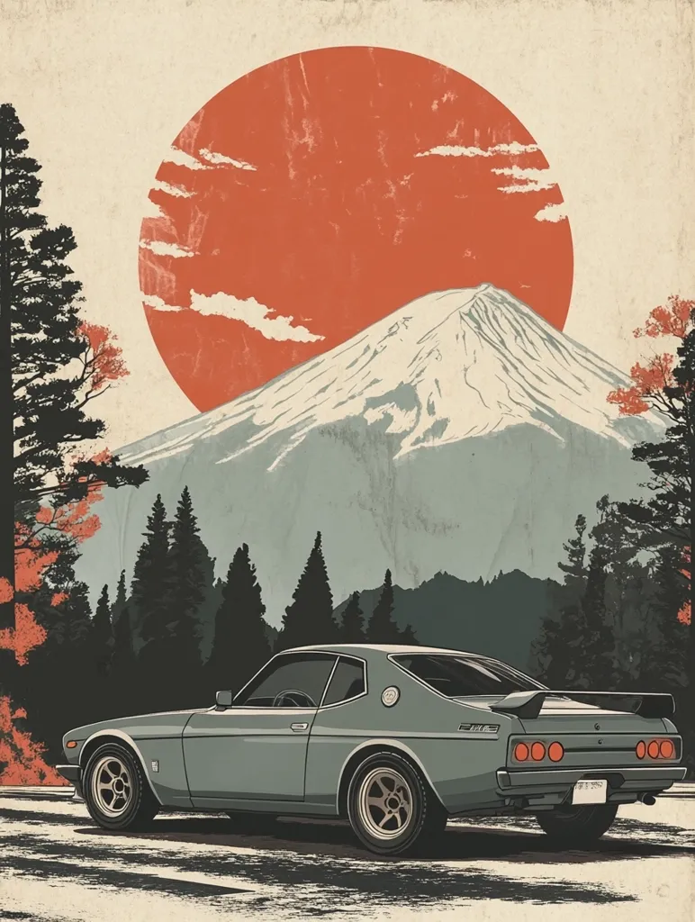 Here's a description of the image:

The illustration depicts a vintage, light gray coupe parked in a serene landscape.  Mount Fuji, snow-capped and majestic, forms a dramatic backdrop under a large, textured red sun.  Silhouetted pine trees and hints of autumn foliage flank the car, suggesting a Japanese setting. The artistic style is reminiscent of vintage travel posters, with a textured, slightly faded background adding to the nostalgic feel. The car is the focal point, sharply detailed against the softer, more impressionistic background.  The overall mood is peaceful and evocative.