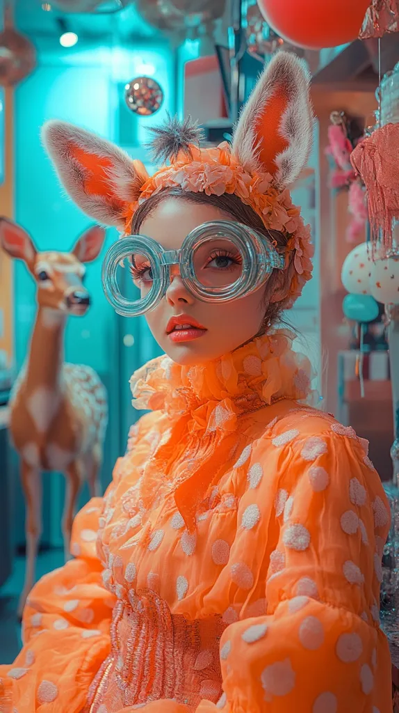 Here's a description of the image:

A young woman is the focal point, adorned in a whimsical orange polka-dotted dress with puffed sleeves.  She wears large, round, clear glasses and a headband featuring faux bunny ears and delicate flowers.  The setting appears to be a vibrant, whimsical shop or room with a teal backdrop.  A small, brown deer figurine is subtly visible in the background along with blurred festive decorations. The overall mood is playful and dreamlike, with a hint of vintage charm.