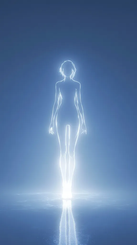The image presents a minimalist depiction of a female figure.  Rendered in luminous, pale blue, the outline of the woman is ethereal and almost translucent, suggesting a spectral or digital presence.  She stands in a serene, empty space, her form subtly glowing against a similarly toned background. A faint reflection mirrors her on the seemingly calm surface below. The overall effect is one of quiet contemplation and otherworldly beauty.