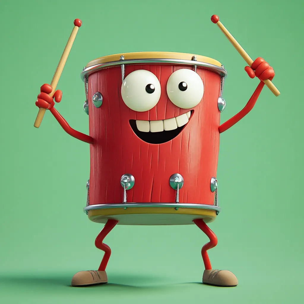 A cheerful, cartoonish red drum plays itself with two drumsticks.  It has large, expressive eyes, a wide smile, and spindly legs ending in small shoes. The drum is rendered in a 3D style, with a textured surface suggesting wood.  The background is a solid, light green. The overall impression is one of playful energy and musical fun.