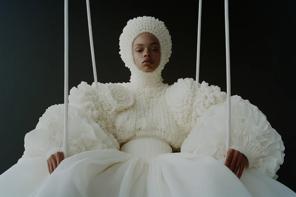 A young woman with dark skin sits on a swing, wearing an ornate white dress. The dress features a textured, possibly crocheted bodice with voluminous, ruffled sleeves and a flowing skirt.  The headpiece matches the bodice's texture.  The overall effect is one of dramatic elegance and ethereal beauty against a stark dark background.  The ropes of the swing are visible, adding to the composition's simplicity.