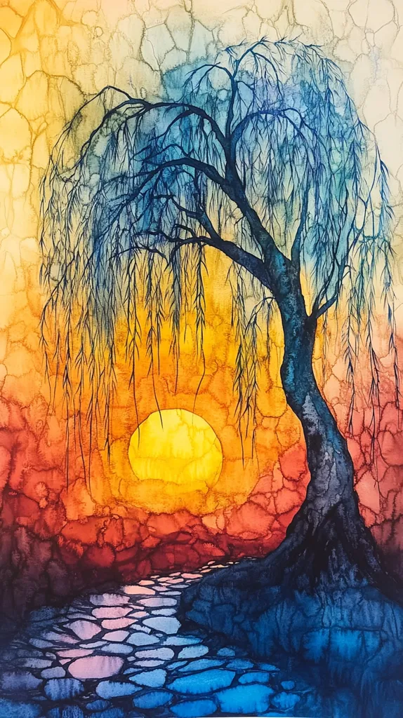 Here's a description of the image:

The artwork depicts a stylized weeping willow tree at sunset.  The tree, rendered in deep blues and blacks, dominates the center, its branches gracefully cascading towards a vibrant, yellow-orange sun. The background is a textured blend of warm oranges, reds, and cool blues, suggesting a sunset sky.  A stylized stone path or stream flows from the base of the tree towards the viewer, mirroring the colors of the sky in its depiction.  The overall style is abstract, employing a fluid, almost marbled effect in the color application, suggesting a watercolor or alcohol ink technique.  The piece evokes a feeling of tranquility and serenity.