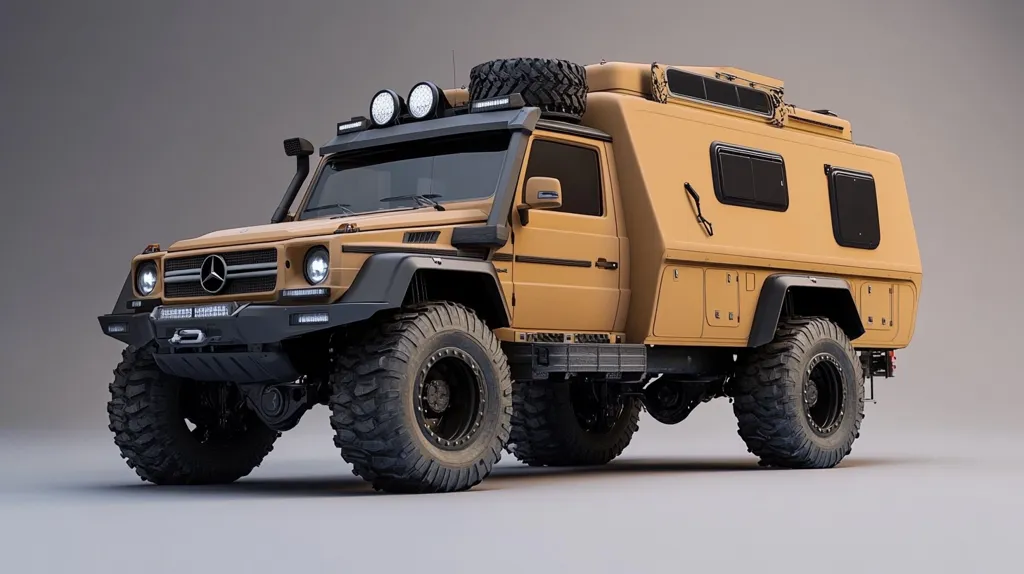 This image shows a rugged, tan-colored Mercedes-Benz G-Class modified for off-road adventures.  It features oversized tires, a reinforced chassis, and a custom-built camper shell on the back.  The vehicle is equipped with additional lighting, a roof rack, and a spare tire mounted on top.  The overall appearance suggests a vehicle designed for long-distance travel and exploration in challenging terrains.