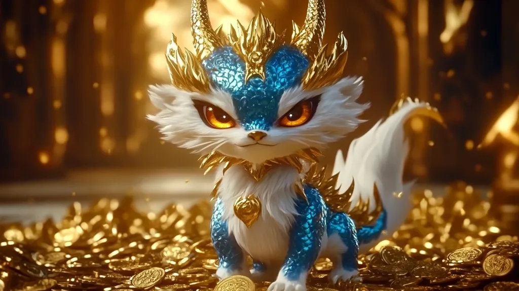 A digitally rendered image showcases a fantastical creature, resembling a feline with dragon-like attributes.  Its fur is predominantly white, accented by vibrant teal scales on its body and a golden crown adorned with horns.  Intense orange eyes add to its captivating gaze. The creature is seated amidst a large pile of glistening gold coins, suggesting wealth and power.  The background is blurred but shows a warm, golden ambiance. The overall style is reminiscent of fantasy art or a video game character.