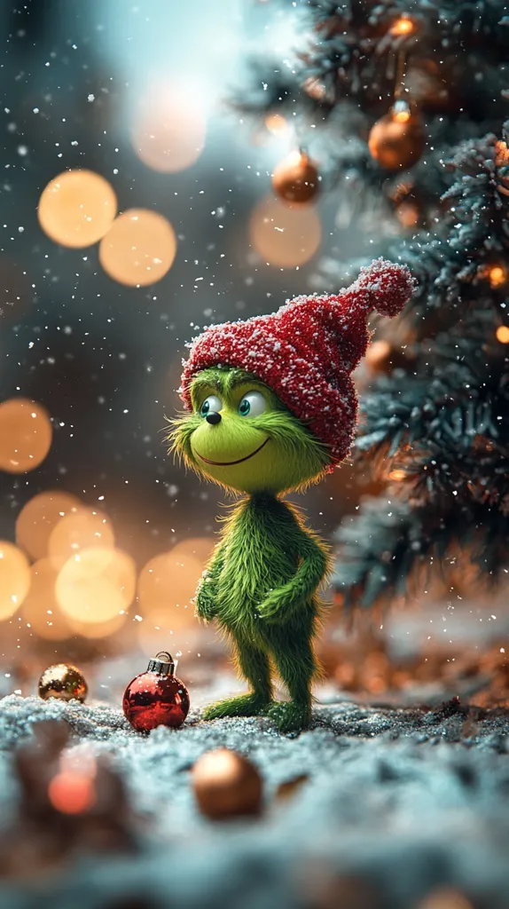 A charming 3D rendering depicts a Grinch-like creature, adorned in a red, snow-dusted hat, standing in a snowy scene before a Christmas tree.  Soft, golden bokeh lights illuminate the background, creating a magical, festive atmosphere.  Light snow falls, adding to the winter wonderland feel.  The Grinch gazes at a large red Christmas ornament, nestled in the snow amongst smaller ones, suggesting a heartwarming Christmas moment. The overall tone is whimsical and sweet.