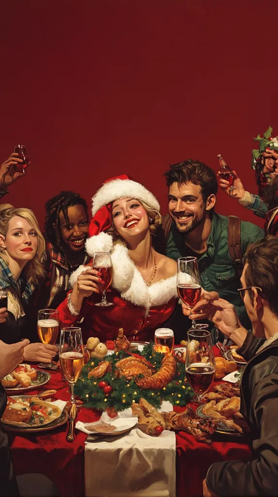 A vibrant Christmas feast is depicted, with a diverse group of friends gathered around a richly laden table.  A woman in a Santa hat sits centrally, smiling, surrounded by others raising glasses in a celebratory toast. The table overflows with food, including a roasted turkey, various side dishes, and numerous drinks. The warm lighting and deep red background enhance the festive atmosphere.  The scene is painted in a realistic style, capturing the joy and intimacy of a shared Christmas celebration.