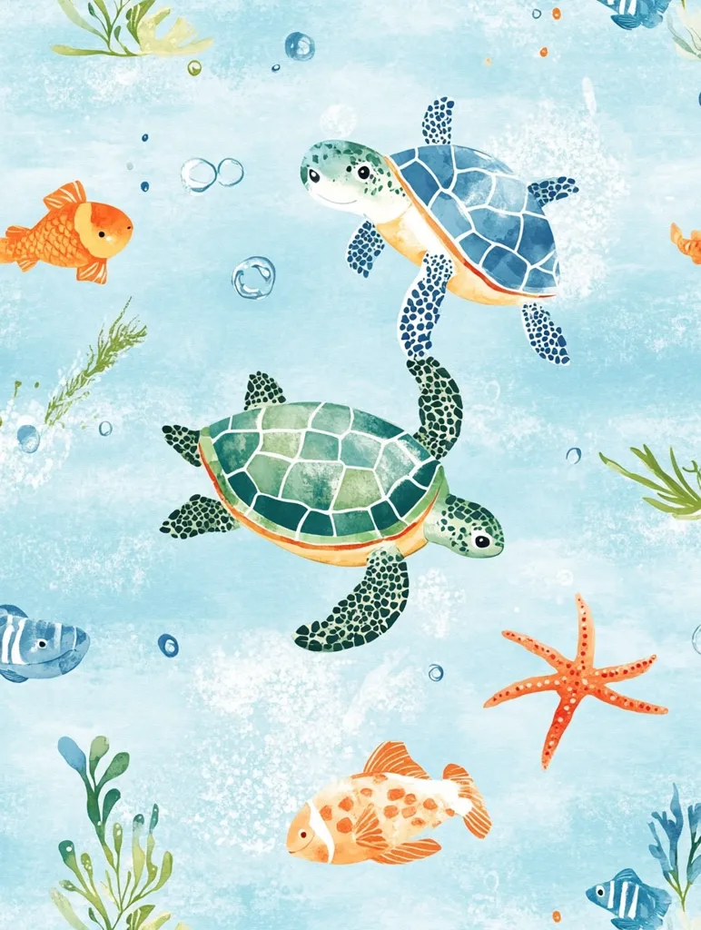 A cheerful underwater scene features two sea turtles swimming amidst a light blue backdrop. One turtle is blue and green, the other is predominantly green.  Orange and yellow fish, a starfish, and seaweed add to the vibrant illustration, creating a playful and whimsical underwater world.  The style is watercolor-like, with soft textures and muted colors.