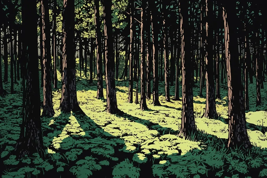 Here is a description of the image:

The image is a stylized illustration of a forest floor, showing a dense stand of dark, tall trees.  Sunlight filters through the canopy, illuminating patches of the mossy ground in a vibrant yellowish-green.  The shadows of the trees are cast sharply across the undergrowth, creating strong contrast. The style is reminiscent of woodblock prints or comic book art, with bold outlines and simplified forms, giving it a graphic and somewhat surreal quality. The overall palette is dark and moody, punctuated by the brighter highlights on the forest floor.