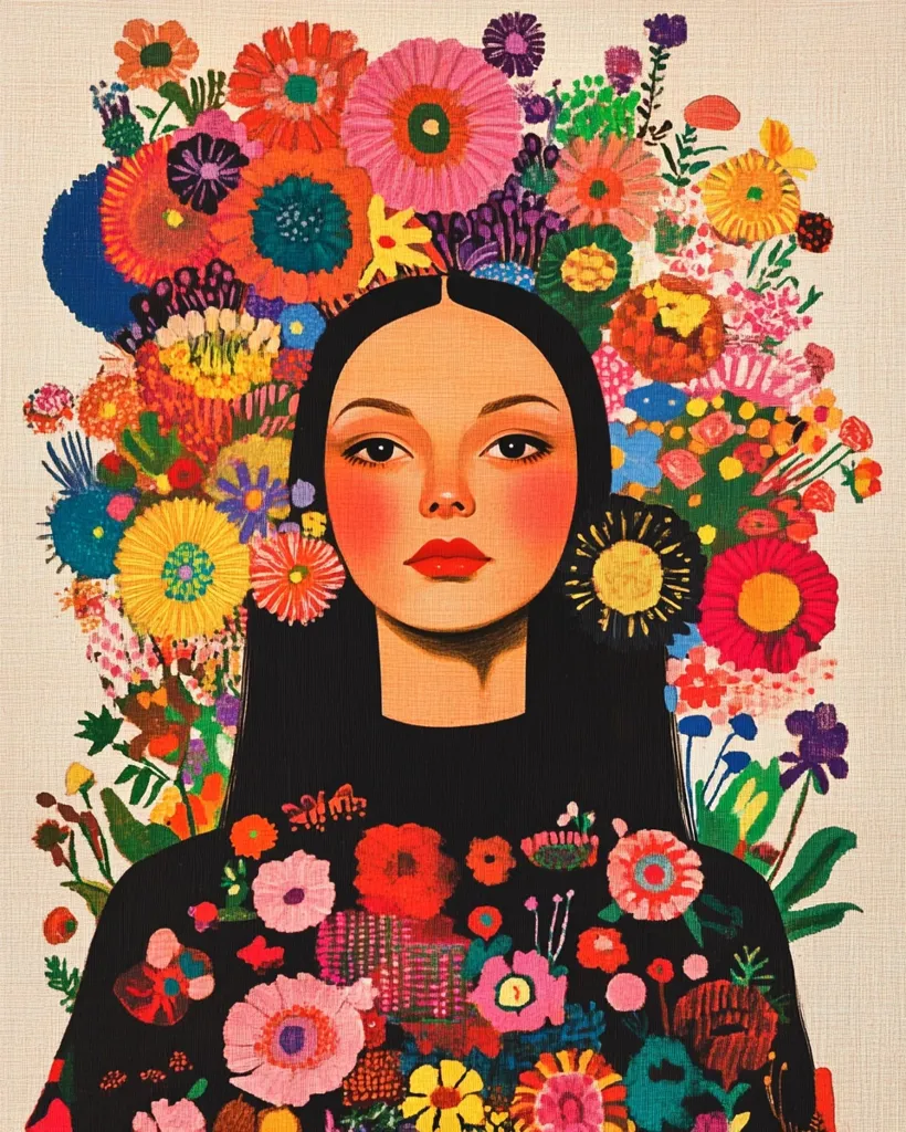 Here's a description of the image:

The illustration showcases a stylized portrait of a woman with long, dark hair.  She's adorned with a vibrant crown and clothing bursting with colorful, diverse flowers.  The flowers are depicted in a bold, almost naive style, with bright hues and distinct outlines. Her expression is serene, and her makeup features rosy cheeks and a red lip. The overall style is reminiscent of folk art or a modern interpretation of traditional portraiture, creating a striking and cheerful aesthetic. The background is a simple off-white, ensuring the floral details and the woman's face remain the focus.