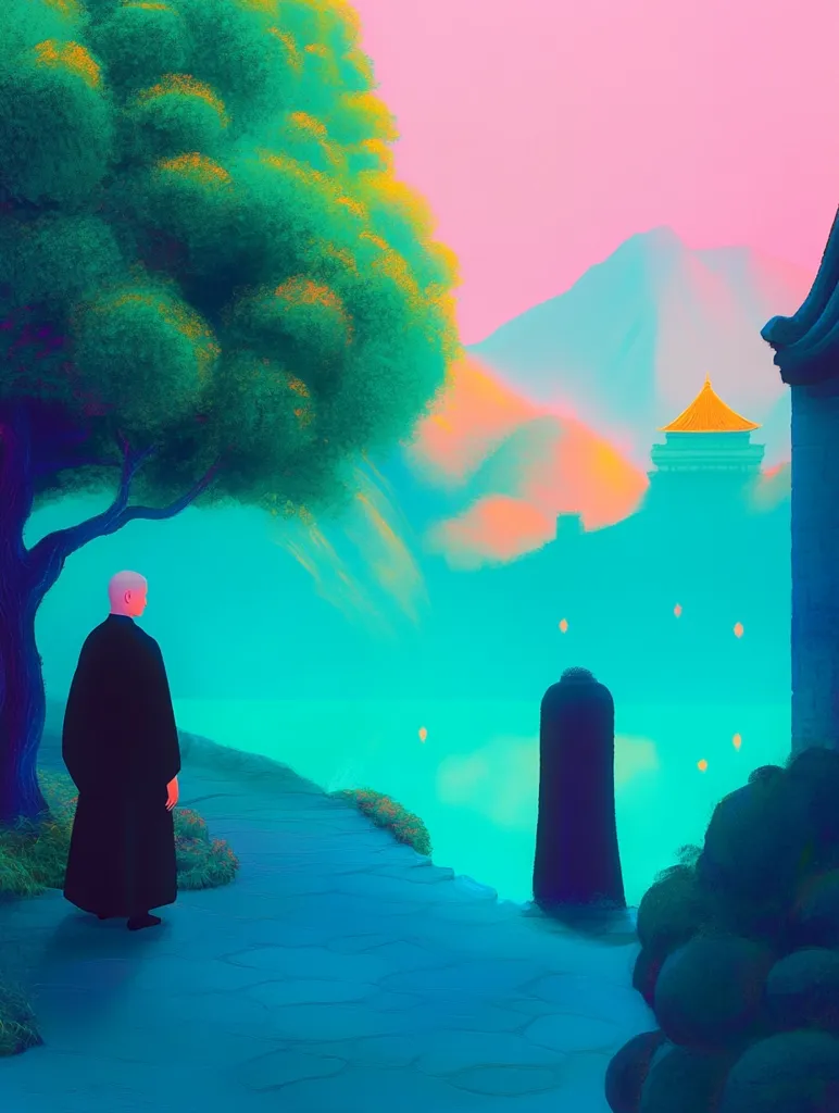 A serene digital painting depicts a bald, robed figure walking away from a dark, slender obelisk towards a vibrant green tree.  The background features a hazy, teal and pink landscape with a distant mountain and a golden-roofed pagoda. The overall mood is peaceful and somewhat mystical, with a surreal color palette emphasizing the tranquility of the scene.  Floating lights dot the water in the middle ground.