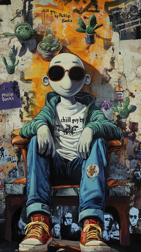 Here's a description of the image:

The artwork depicts a stylized, cartoonish figure, a "chill guy,"  seated in a wooden chair. He's clad in jeans, orange high-top sneakers, and a teal jacket over a white t-shirt that echoes the artwork title.  He wears large, round sunglasses. The backdrop is a vibrant collage of textures and colors mimicking a weathered wall, incorporating elements such as cacti in pots, graffiti-style text ("chill guy, by Phillip Banks"), and partially visible photographs or images suggesting urban decay and street art.  The overall style is a blend of graphic novel aesthetic and street art, creating a dynamic and visually rich composition.