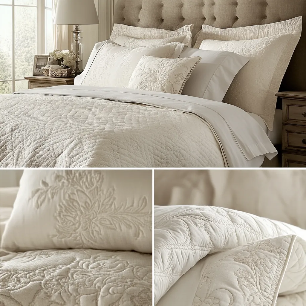 Here's a description of the image:

The image showcases a luxurious, cream-colored bedroom scene.  A king-sized bed, featuring a tufted beige headboard, is dressed in a quilted duvet and matching shams.  Delicate floral embroidery adorns the duvet, shams, and decorative pillows, creating an elegant and sophisticated aesthetic.  A simple bedside table with a lamp and small accessories completes the scene.  Close-up shots highlight the intricate detailing of the quilted fabric and embroidered patterns.  The overall impression is one of calm, understated elegance.