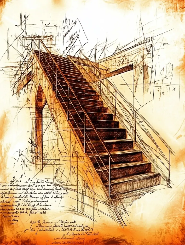 Here's a description of the image:

The image is a stylized architectural drawing, rendered in sepia tones, depicting a staircase ascending from the bottom left to the top center. The staircase has a metal railing.  Overlaid on the drawing are numerous sketched lines and handwritten notes, giving the impression of a design in progress. The style evokes a blend of technical blueprint and artistic sketch, with a sense of age and history imparted by the sepia coloring and textured background.  The overall effect is one of  a design concept, possibly for a building's interior, captured mid-creation.