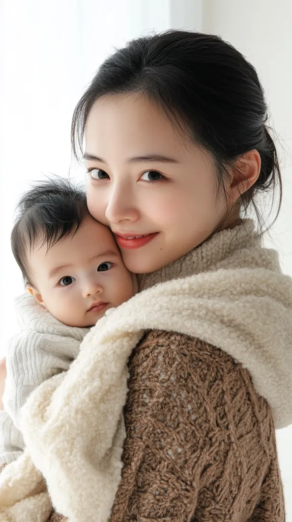 A young woman with dark hair is gently holding a baby close to her chest.  The woman is wearing a brown cable-knit sweater and a creamy white, fluffy scarf. The baby, nestled securely against her, appears calm and content. The soft lighting and neutral background create a warm and intimate feeling in the image, emphasizing the bond between mother and child.