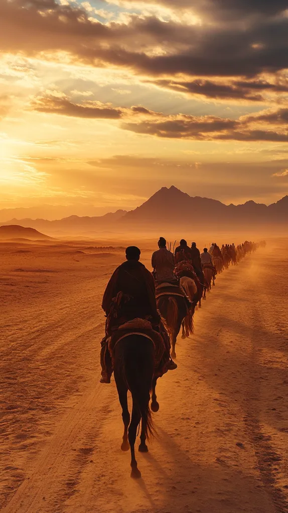 A caravan of riders on horseback traverses a desert landscape at sunset.  Silhouetted against the fiery sky, the figures move in a long line towards distant mountains. The warm, golden light casts long shadows across the sandy track, creating a dramatic and evocative scene.  Dust kicks up behind the horses as they journey across the vast, empty expanse. The overall mood is one of adventure and peaceful solitude.