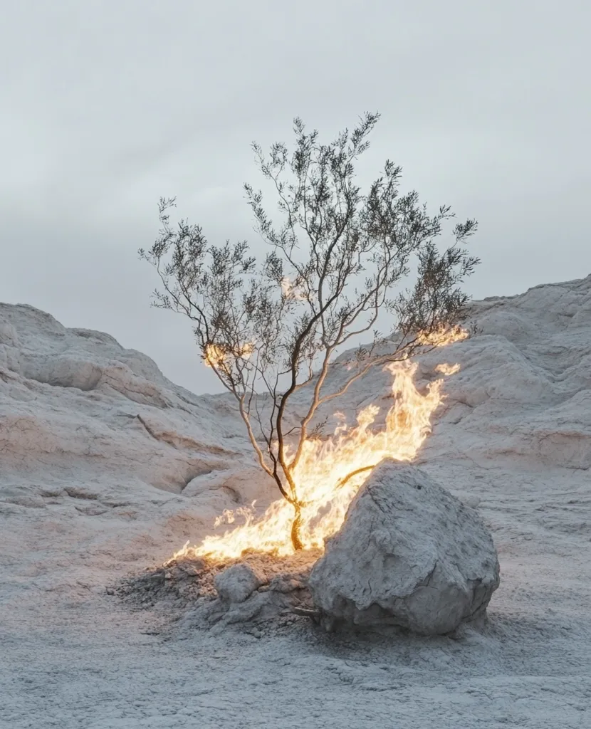 A small, leafless tree, engulfed in soft, golden flames, stands in a stark, desolate landscape.  The scene is monochromatic, with pale grey, white, and sandy tones dominating. The tree is rooted near a large, light grey boulder in a seemingly barren, rocky terrain under a muted sky. The fire's glow contrasts with the cold, muted colors of the environment, creating a striking and surreal image.