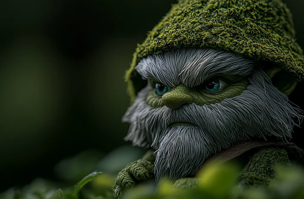 Close-up view of a meticulously crafted figurine, possibly a gnome or similar mythical creature.  It has a weathered, green face, long gray beard, and wears a moss-covered hood. The figurine's eyes are piercing, and its expression is serious, almost angry.  The background is blurred, emphasizing the depth of field and focusing attention on the detailed features of the miniature.  The overall impression is one of mystery and fantasy, with a focus on texture and realism in the craftsmanship.