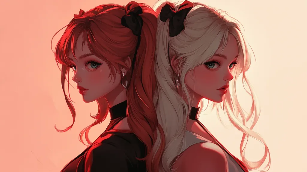Here's a description of the image:

The illustration showcases two anime-style girls, positioned back-to-back.  One has vibrant red hair styled in a high ponytail with black bows, while the other sports long, flowing blonde hair, similarly styled. Both have fair skin, large expressive eyes, and wear dark chokers.  Their expressions are subtly alluring, their gazes directed away from the viewer. The color palette is warm, dominated by reds and oranges, creating a soft, almost ethereal glow around the figures, set against a pale background. The style is highly polished and detailed, emphasizing smooth skin and flowing hair.