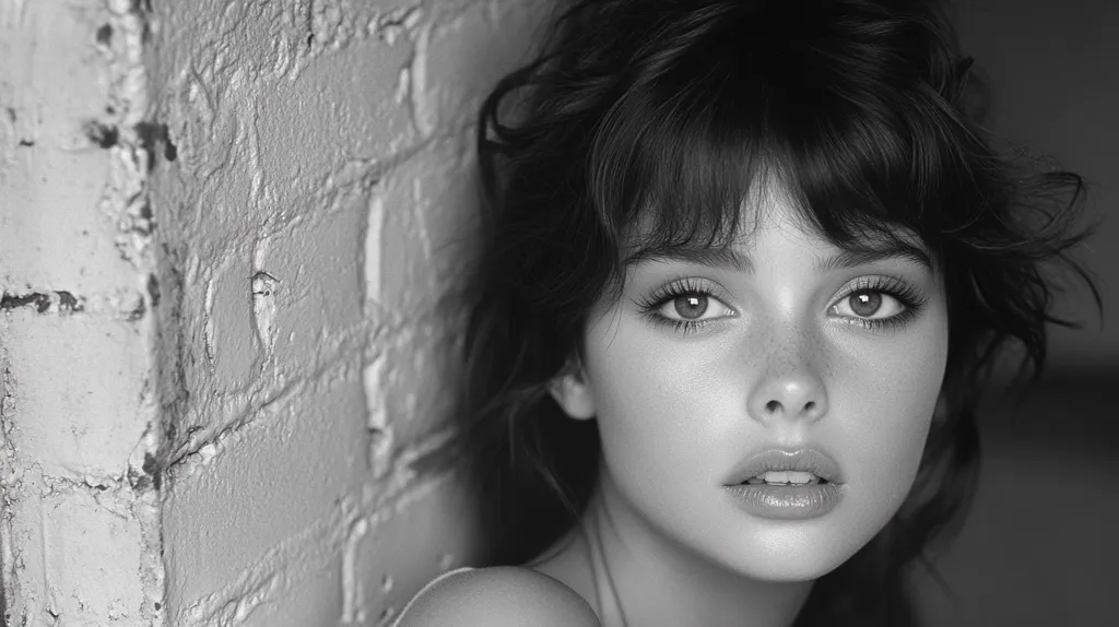 Here's a description of the image:

A black and white, close-up portrait of a young woman with dark, wavy hair that partially obscures her face.  Her bangs are styled to frame her eyes, which are large and expressive.  She has a delicate face with freckles visible on her nose and cheeks. Her lips are full, and she has a calm, almost pensive expression.  She is positioned against a textured, aged brick wall, her shoulder and part of her back visible. The overall mood is serene and slightly melancholic.