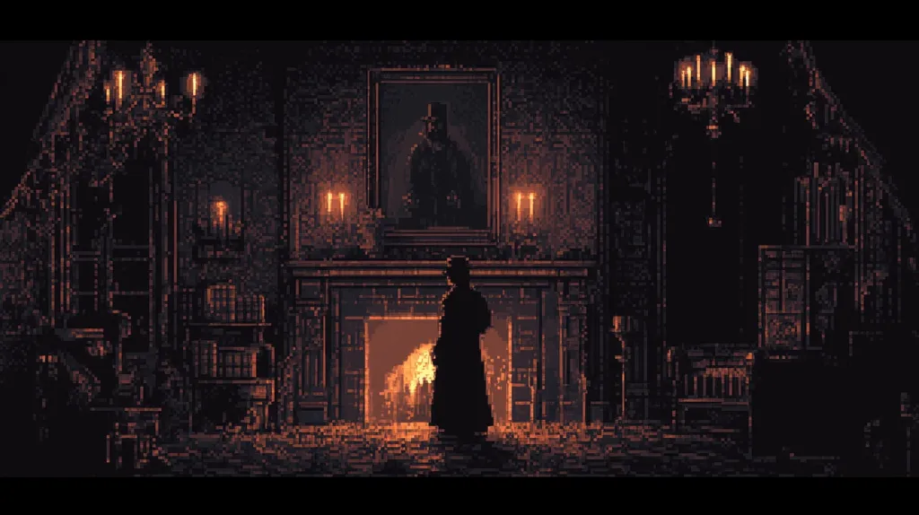 The image is a pixel art depiction of a dimly lit, gothic interior. A lone figure, cloaked and silhouetted, stands before a fireplace, its glow illuminating the scene.  Above the fireplace, a portrait of a similarly attired man hangs.  The room is filled with bookshelves, suggesting a library or study, and is lit by flickering candlelight from ornate chandeliers and sconces. The overall atmosphere is dark, mysterious, and evocative of classic gothic horror.