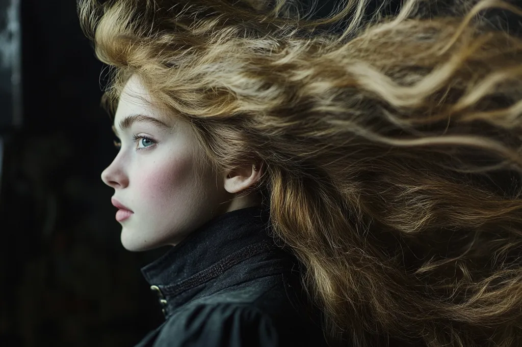 Here's a description of the image:

The photograph features a young woman with long, flowing light brown hair that appears to be caught in a gentle breeze. Her hair billows dramatically around her, showcasing its texture and movement.  Her face is in profile, revealing delicate features, including light skin, blue eyes, and a slightly rosy complexion. She's dressed in a dark, collared jacket. The background is dark and blurry, drawing all attention to the subject's hair and face, creating a moody and ethereal atmosphere. The overall effect is one of romanticism and classic beauty.