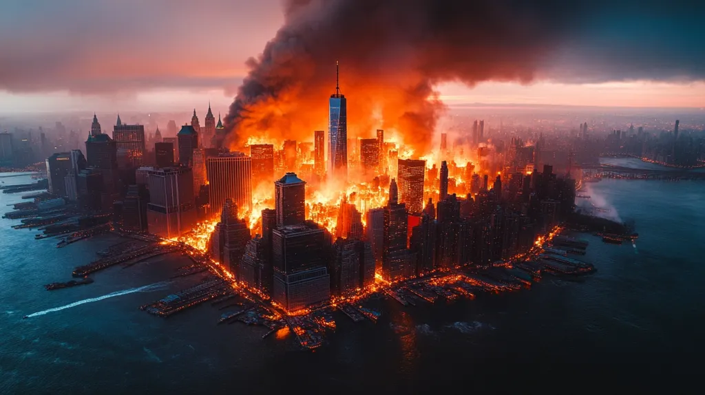 Here is a description of the image:

An aerial shot depicts a sprawling cityscape, seemingly Lower Manhattan, engulfed in flames.  Intense orange and red fires rage across numerous buildings, casting an ominous glow against a darkening sky filled with thick black smoke.  The One World Trade Center pierces the fiery chaos. The waterfront is visible, with dark water contrasting sharply with the burning city. The overall effect is one of catastrophic destruction and apocalyptic drama. The scene is likely digitally manipulated, achieving a highly stylized and intense visual impact.