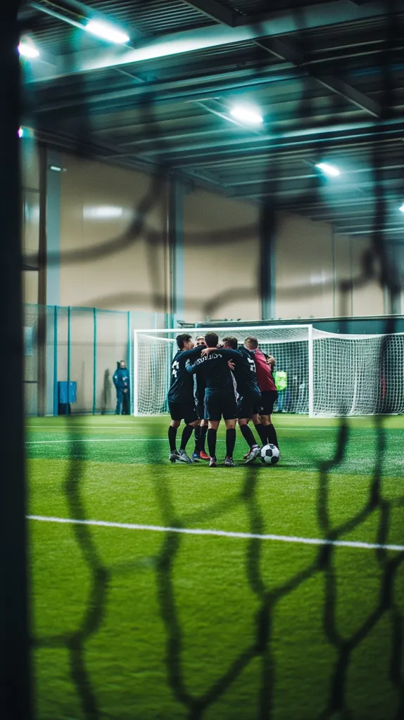 Here is a description of the image:

The photograph shows a group of soccer players huddled together in a circle on an indoor turf field, viewed through a chain-link fence. The players wear dark jerseys and appear to be celebrating or strategizing.  A soccer ball rests near their feet. The indoor facility is brightly lit with fluorescent lights, and the background features a soccer goal and a partially visible spectator. The overall mood is one of focused energy and teamwork within a contained, artificial environment. The chain-link fence creates a textured foreground that partially obscures the view.