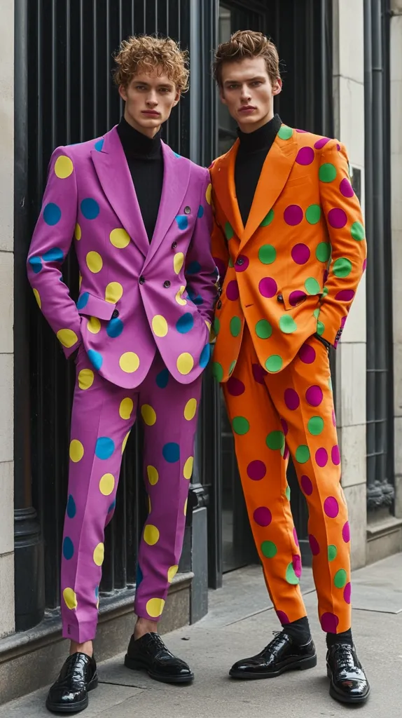 Two stylish young men stand side-by-side, showcasing vibrant, multicolored polka dot suits.  The man on the left wears a purple suit with yellow, blue, and magenta dots, while his companion sports a similar orange suit with magenta, green, and yellow polka dots. Both suits are sharply tailored, paired with black dress shoes and turtlenecks, creating a bold, playful contrast against a city backdrop.  Their confident poses highlight the eye-catching, whimsical nature of their attire.