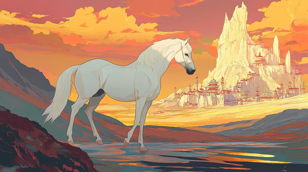 A majestic white horse stands in the foreground, its gaze directed towards a fantastical city nestled into a towering, pale mountain.  The scene is bathed in the warm hues of a sunset, the sky painted with oranges and yellows.  The city, with its intricate architecture, appears ancient and ethereal.  A calm, reflective pool of water lies between the horse and the distant cityscape, mirroring the vibrant sky. The overall style is painterly and dreamlike, suggesting a scene from a fantasy world.