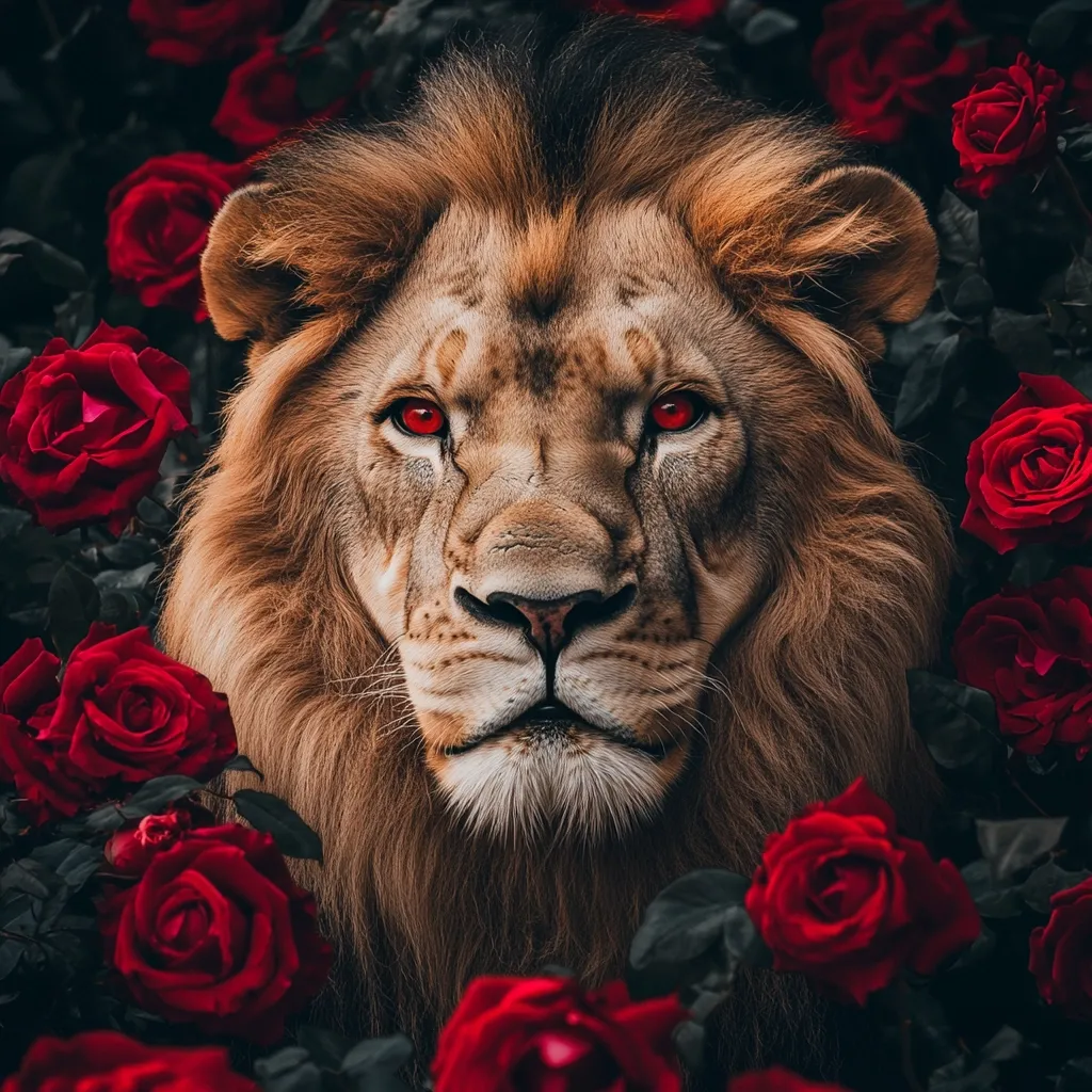 Here's a description of the image:

The image shows a majestic lion, its tawny mane framing a face with intense red eyes.  The lion's expression is serious and captivating, its gaze directly engaging the viewer.  It's positioned centrally, surrounded by a vibrant profusion of deep red roses, their velvety petals contrasting with the lion's fur. The roses form a natural frame, creating a dramatic and somewhat mystical ambiance. The background is dark, focusing attention on the lion and the flowers in the foreground.  The overall effect is one of power, beauty, and a touch of the mysterious.