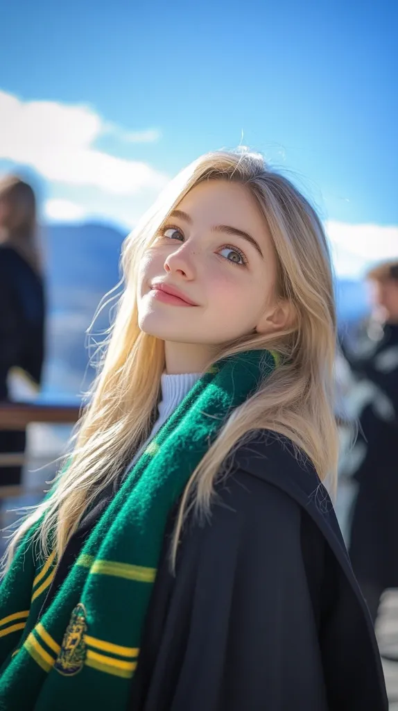A young woman with long, blonde hair looks over her shoulder at the camera.  She's wearing a dark, hooded cloak and a vibrant green and gold scarf, reminiscent of a Hogwarts house scarf. The background is blurred but shows a bright, sunny day with a hint of mountains and other people in the distance. The overall impression is one of youthful beauty and a hint of magical whimsy.