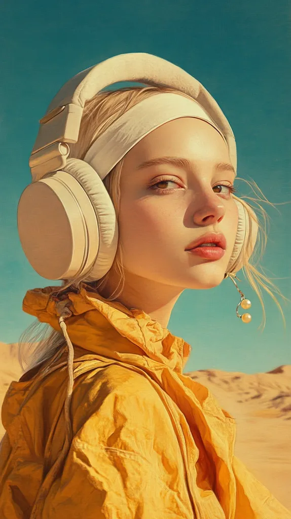 The image is a stylized portrait of a young woman with blonde hair wearing large, off-white headphones and a mustard-yellow jacket.  She wears a white headband and delicate pearl earrings.  The setting appears to be a desert landscape under a clear, teal sky, bathed in warm sunlight. The woman's expression is serene, slightly pensive, her gaze directed off to the side. The overall style is digitally painted, reminiscent of classic portraiture with a modern, almost ethereal feel.