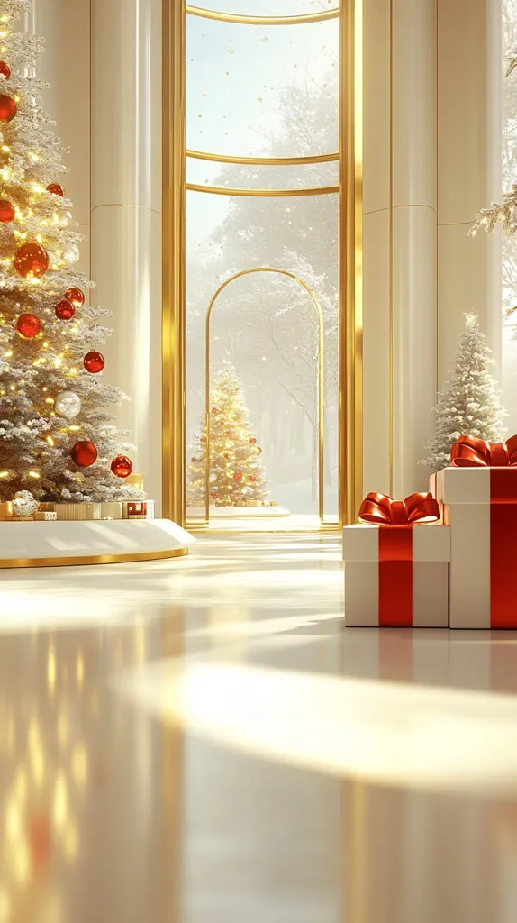 A sunlit, elegant interior features a large Christmas tree adorned with red and white ornaments.  The tree sits on a circular platform near a large, gold-framed window overlooking a snowy winter scene.  Smaller Christmas trees and festively wrapped presents with large red bows are arranged in the foreground, creating a luxurious and peaceful Christmas atmosphere. The overall aesthetic is clean, modern, and sophisticated.