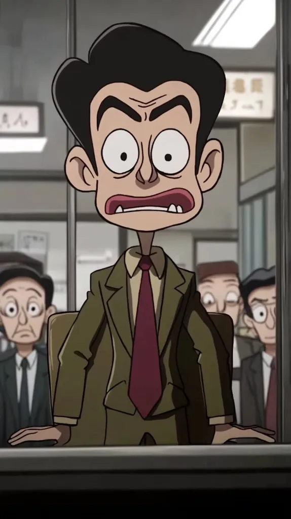 The image shows a stylized cartoon character, resembling Mr. Bean, with exaggerated features. He is depicted in a worried or surprised expression, wide eyes and open mouth.  He's wearing a brown suit and red tie, seated at a counter or desk in an office setting.  Other, less prominently featured, office workers are visible in the background, suggesting a formal environment. The overall style is dark and somewhat ominous.