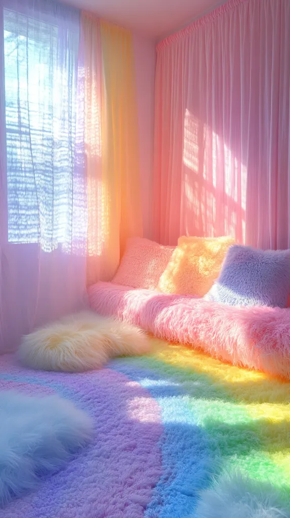Here's a description of the image:

A pastel-colored room features a rainbow-hued fluffy rug.  A plush, low seating area is arranged on the rug, composed of fluffy pillows and cushions in shades of pink, yellow, and lavender.  Sheer, rainbow-colored curtains hang at the window and along one wall, allowing soft sunlight to filter through, casting gentle shadows. The overall aesthetic is dreamy, whimsical, and intensely soft.
