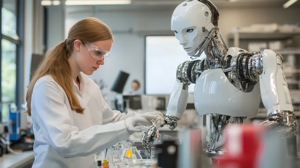 A young female scientist, wearing a lab coat and safety glasses, carefully interacts with a sophisticated, humanoid robot in a modern laboratory setting.  The robot, predominantly white with exposed metallic components, appears advanced and intricately designed.  The scientist's focused expression suggests a collaborative experiment or research project involving human and artificial intelligence. The scene is brightly lit and clean, indicative of a high-tech research facility.