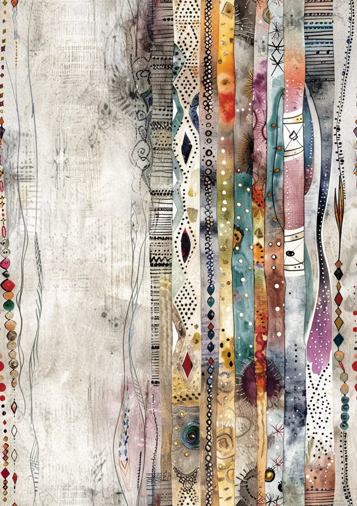 The image is an abstract watercolor painting featuring a series of vertical stripes, each with a unique pattern and color palette.  The stripes are diverse; some are geometric with dots, diamonds, or lines, others are more organic with flowing shapes and watercolor washes.  Earthy tones of beige, brown, and grey are prevalent, accented with pops of teal, orange, and purple. The overall effect is a textured, layered composition, reminiscent of woven fabrics or ancient tapestries.  A neutral background adds depth and contrast to the vibrant patterned stripes.