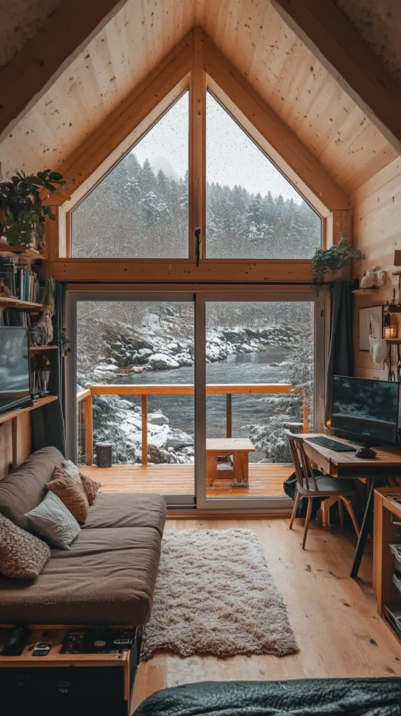 A cozy cabin interior features a large triangular window showcasing a snowy, forested landscape and a river.  Sliding glass doors lead to a deck overlooking the winter scene. Inside, a brown couch sits opposite a workspace with a desk, chair, and computer.  Wooden floors and walls create a warm, rustic ambiance.  Plants and bookshelves add personal touches. The overall feel is serene and inviting.