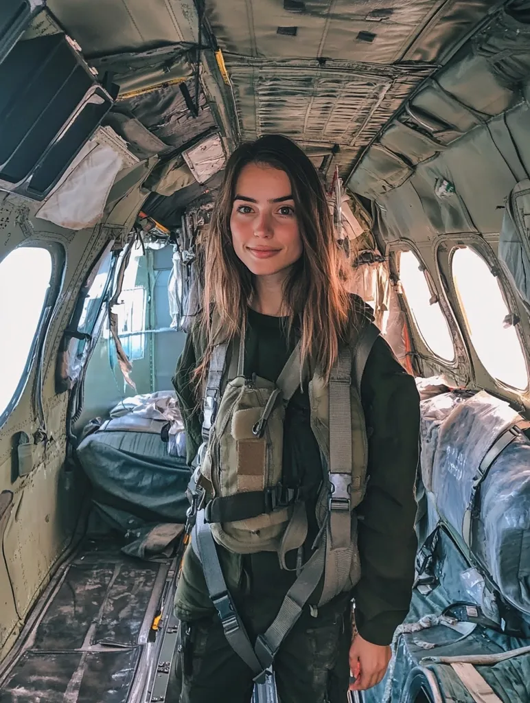 Here's a description of the image:

A young woman with long brown hair stands in the worn interior of an aircraft.  She's wearing a dark olive green jacket and pants, and a tactical vest with straps and a small pouch. The plane's cabin is aged and shows significant wear and tear, with exposed metal and worn fabric.  Natural light filters in through the aircraft's windows, illuminating the dust and debris within. The woman looks directly at the camera, her expression calm and confident.  The overall mood is one of adventure and exploration.