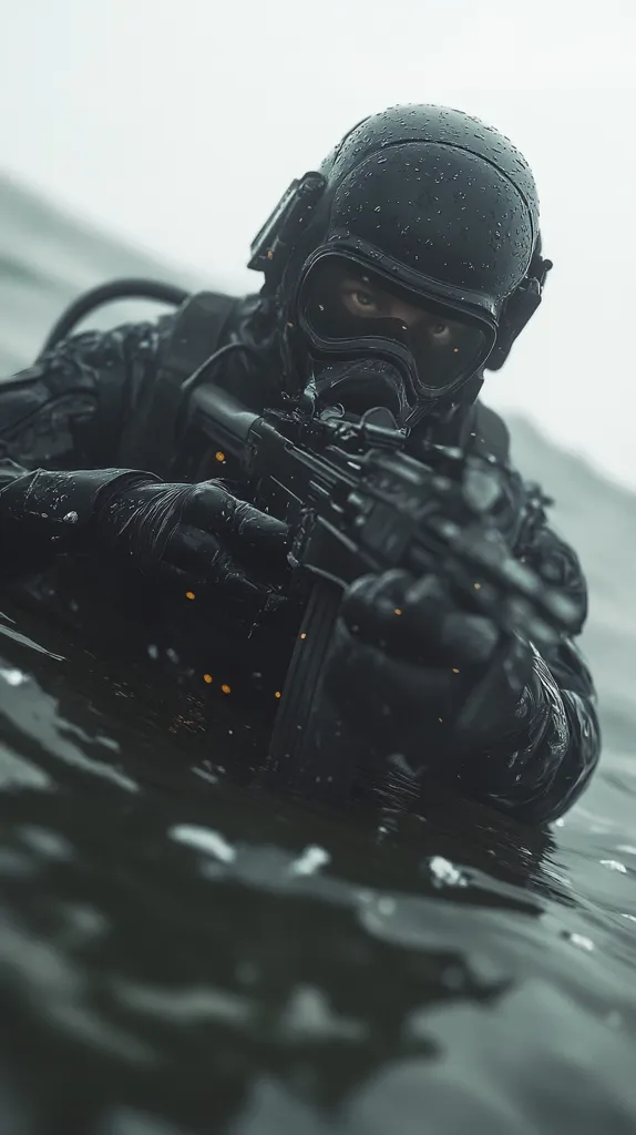Here's a description of the image:

The image shows a close-up view of a soldier, submerged up to his chest in murky water. He's clad in full black tactical gear, including a helmet, full-face mask, and wetsuit,  his expression is serious, eyes visible through the mask.  He holds a rifle, partially submerged, suggesting a covert operation or underwater mission. The overall mood is dark, intense, and dramatic, with a strong emphasis on the soldier's preparedness and the grim setting.  Water droplets are visible on his gear.