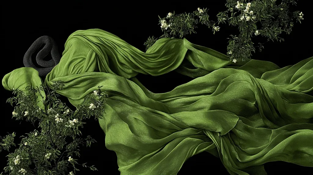 A dramatic image features a flowing, olive-green fabric draped over a dark, coiled object, possibly a sculpture or a piece of clothing.  The fabric's texture is soft and lustrous, creating dramatic folds and ripples.  Branches of a flowering plant, bearing small white blossoms, weave through and around the fabric, adding a contrasting organic element against the dark background. The overall mood is one of quiet elegance and mystery.