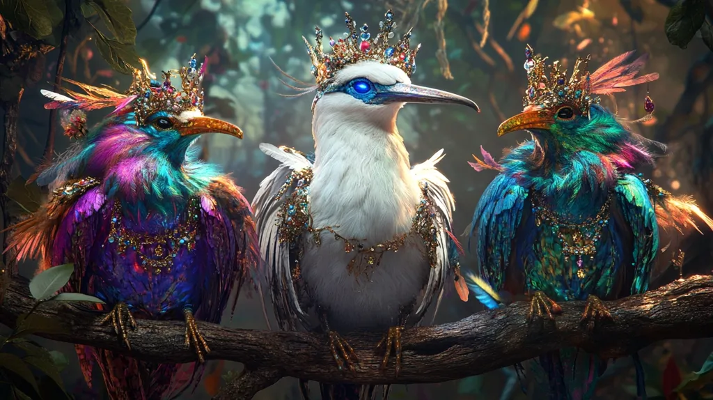 Three regal birds, adorned in vibrant iridescent plumage and glittering gold jewelry, perch on a dark, gnarled branch.  The central bird, predominantly white, wears a large, ornate crown and boasts striking blue eyes.  Flanking it are two birds in shimmering blues, purples, and greens, each with its own smaller crown. The image is richly detailed, with a mystical, fantasy-like atmosphere. The background suggests a dark, lush forest setting.