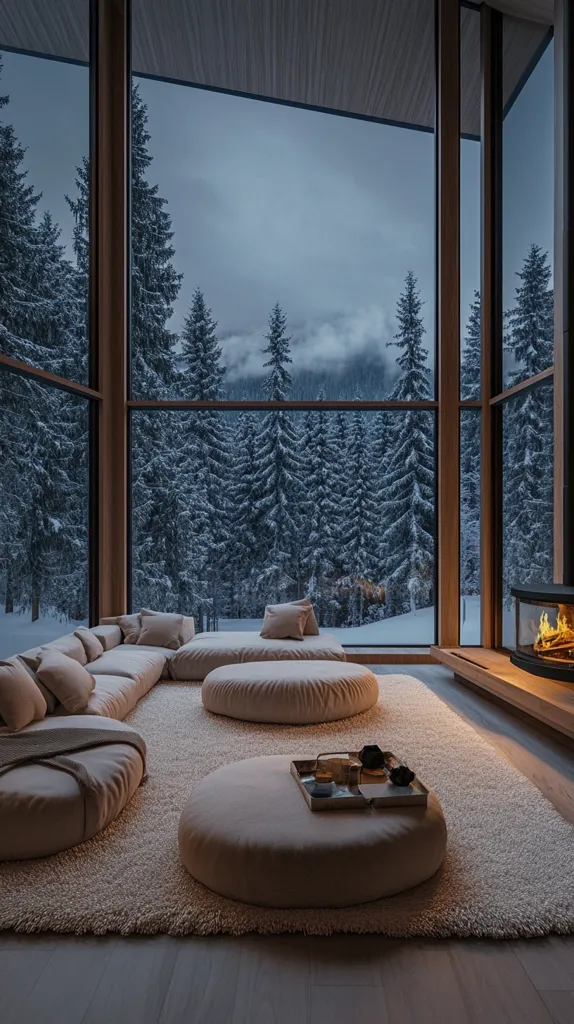A modern, minimalist living room boasts floor-to-ceiling windows showcasing a breathtaking snowy forest.  A low, modular sofa in muted beige tones sits on a fluffy rug, complemented by several circular ottomans.  A fireplace glows warmly in the corner, creating a cozy atmosphere against the cool winter landscape visible through the expansive glass. The overall aesthetic is serene and luxurious, emphasizing a connection with nature.