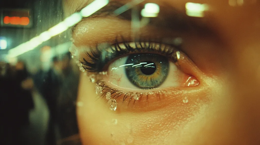 Here's a description of the image:

Close-up view of a woman's eye, seemingly tear-filled, with droplets clinging to her lower lashes.  The eye is a striking green-blue, and the overall color palette is warm, with golden tones dominating the skin.  The background is blurry, suggesting an urban setting, perhaps a public transportation vehicle, with indistinct figures and streaks of light visible through what appears to be a window or pane of glass. The image evokes a feeling of melancholy and introspection.