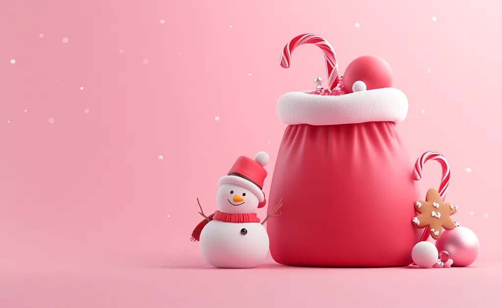 A charming Christmas scene unfolds against a soft pink backdrop. A rosy-hued Santa sack overflows with candy canes, a small ball, and what seems to be a sprinkle of glitter. Beside it stands a cheerful snowman, adorned with a red hat and scarf, adding a touch of winter whimsy.  The overall aesthetic is cute and festive, ideal for holiday greetings or celebratory imagery.  Light snowfall effect subtly enhances the wintry atmosphere.
